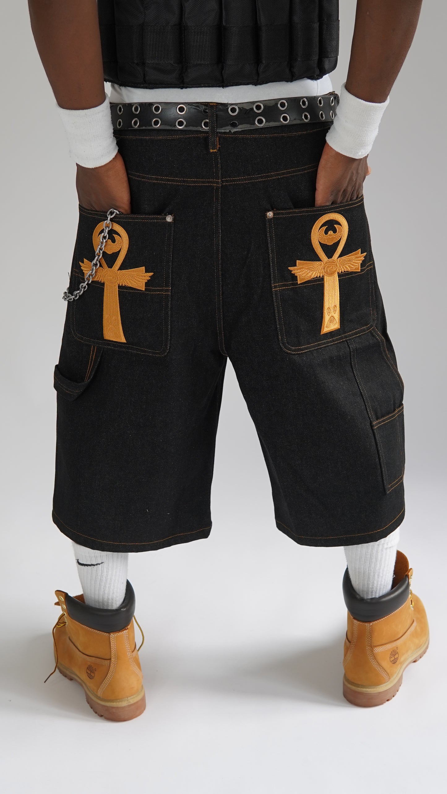 The Ankh Black and Gold Denim Shorts