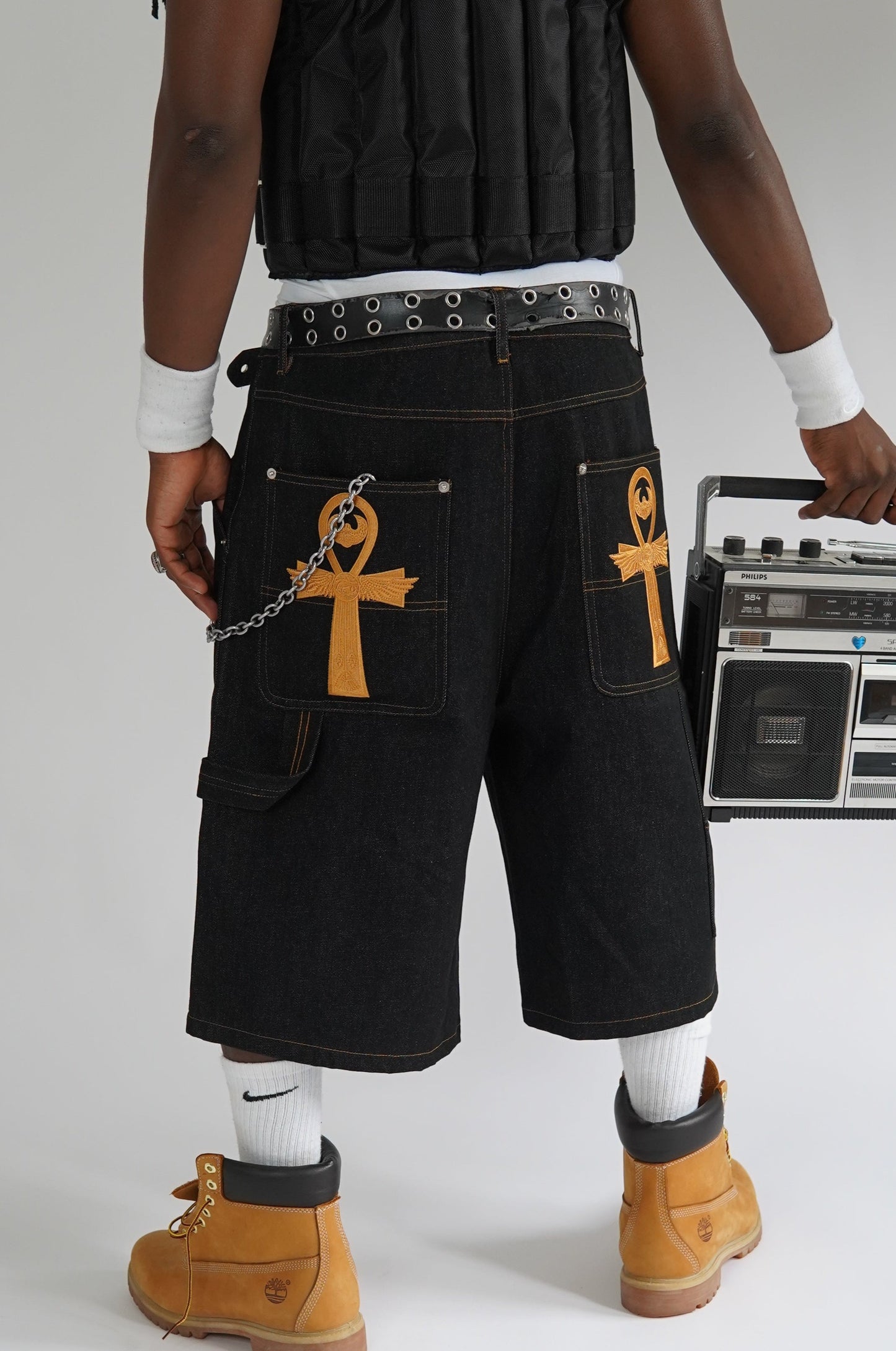 The Ankh Black and Gold Denim Shorts